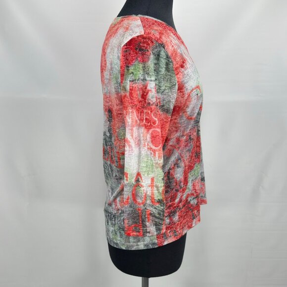 Laura Petites burnout graphic print long sleeve V-neck mesh top womens petite M - Picture 3 of 11